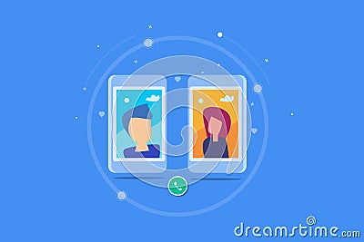 Online video chat, video call via mobile phone, people interacting via video call, internet technology concept. Flat design banner Vector Illustration