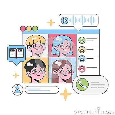 Online video chat platform with diverse participants. Flat vector Vector Illustration