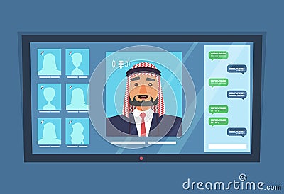 Online video conference with arab business man and chat. Vector Illustration