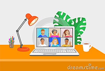 Online video conference by computer at home Vector Illustration