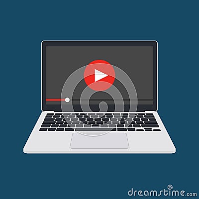 Online video player on laptop vector illustration, flat computer screen with internet web streaming concept, e-learning Vector Illustration
