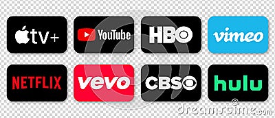 Online video service buttons set: Youtube, Netflix, HBO, Vimeo, Apple TV +, Hulu, CBS, Vevo. Buttons with realistic shadow. Vector Illustration