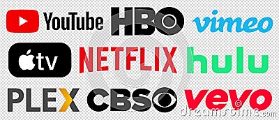 Online video service icons set. Youtube, Netflix, HBO, vimeo, Apple TV, Hulu, Plex, CBS, Vevo. Streaming service. Editorial vector Vector Illustration