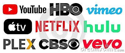 Online video service icons set. Youtube, Netflix, HBO, vimeo, Apple TV, Hulu, Plex, CBS, Vevo. Streaming service. Editorial vector Vector Illustration