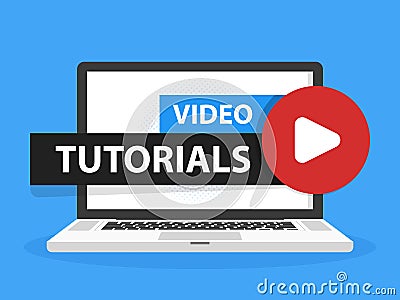 Online video tutorials education button in Laptop notebook computer screen. Play lesson concept. Vector illustration Vector Illustration