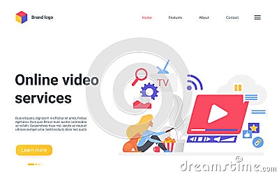 Online video web service landing page, woman watching tv online channel, movie or vlog Vector Illustration