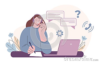 Online virtual assistant. Psychology support, female in headphones consult clients via internet. 24 hours helping call Vector Illustration