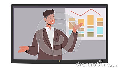 Online Virtual Business Conference, Meeting or Seminar with Trainer Giving Financial Information Stand at Whiteboard Vector Illustration