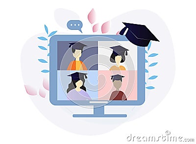 Online Virtual Graduation conference. Study from home concept. Remote education Cartoon Illustration