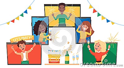 Online virtual party, observe a birthday, corporate or family meeting. New Year and Christmas celebrating. Vector Illustration