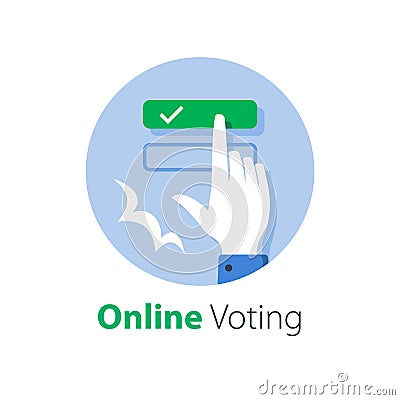 Online voting, complete e-form, push button with hand finger, select answer, web registration Vector Illustration