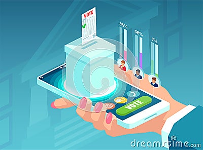 Online voting concept. Isometric vector of a man hand holding a smartphone with ballot box Vector Illustration