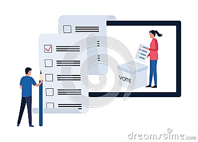 Online voting concept. A man fills out a bulletin, a woman votes in elections, referenda. Flat vector illustration isolated on Vector Illustration