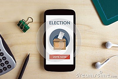 Online voting concept on smart phone screen on wooden desk Stock Photo