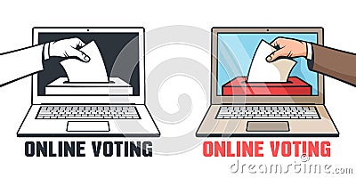 Online voting in elections - a hand drops a bill into a box in a laptop Vector Illustration