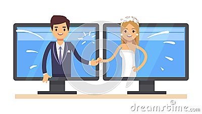 Online wedding. Cute cartoon newlyweds, young man woman smile. Just married on computer screen vector illustration Vector Illustration