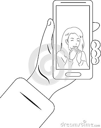 online work, friendship with a girl. Communication on the phone.Black and white line Vector Illustration