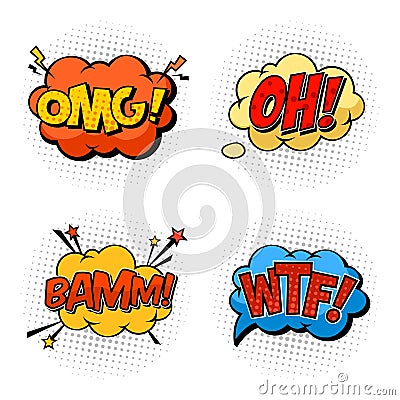 Onomatopoeia sounds omg and wtf, oh and bam Vector Illustration
