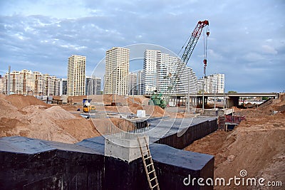 Ð¡onstruction of underground pedestrian crossing. Foot tunnel and underground passage building. Painting bitumen at concrete. Cold Stock Photo