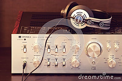 Ontario, Canada - December 22 2017: Vintage Audio Stereo Amplifier with Headphones Front View Editorial Stock Photo