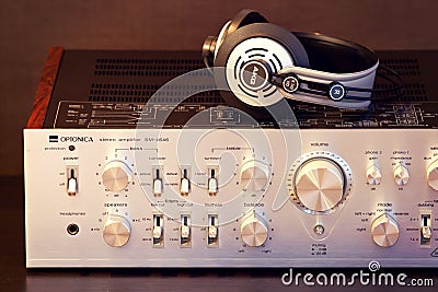 Ontario, Canada - December 22 2017: Vintage Audio Stereo Amplifier with Headphones Front View Editorial Stock Photo