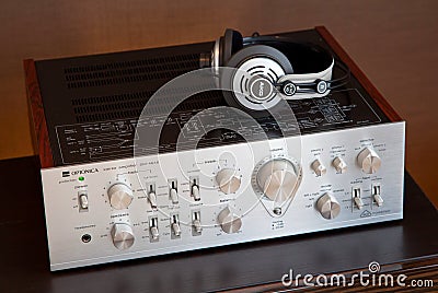 Ontario, Canada - December 22 2017: Vintage Audio Stereo Amplifier with Headphones Side View Editorial Stock Photo