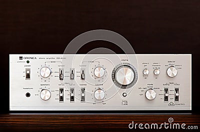 Ontario, Canada - December 22 2017: Vintage Audio Stereo Amplifier Shiny Metal Front Panel Editorial Stock Photo