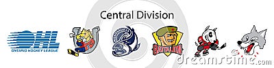Ontario Hockey League, OHL. Season 2022-2023. Eastern Conference, Central Division. Barrie Colts, Mississauga Steelheads, Niagara Vector Illustration