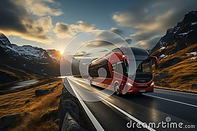 Onward journey, bus cruising on road, travel time scenery behind Stock Photo