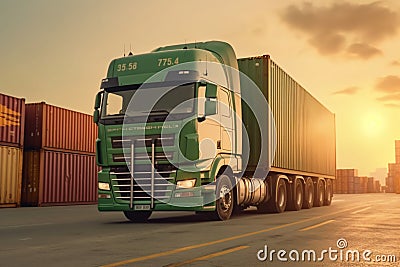 Onward to the port, Truck carries container for shipping transport Stock Photo