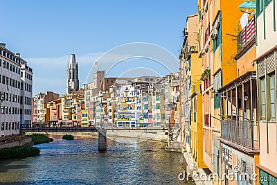 Onyar river crossing the downtown of Girona. Spain Editorial Stock Photo