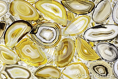 Onyx slice. Stone cut. Yellow stones . Many slices of yellow bright stones Stock Photo