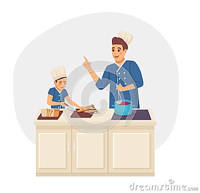 Ð¡ooking kids class. Cooks children. Kids cooking food, Chief teacher and little boy cooking together making soup Vector Illustration