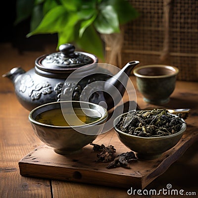 Oolong green tea in a teapot and bowl Stock Photo