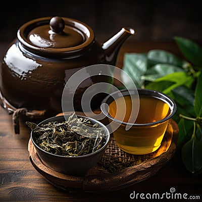 Oolong green tea in a teapot and bowl Stock Photo