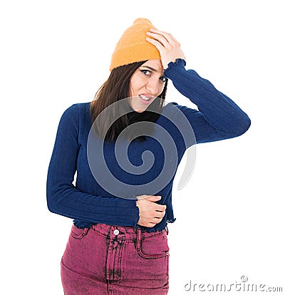 Oops. Ashamed young woman with hand on cheek. Shame concept, isolated on white background Stock Photo