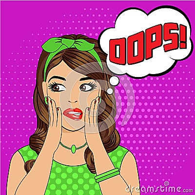 Oops. Surprised young scared woman Cartoon Illustration