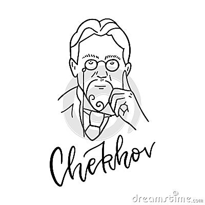 Oortrait of the writer Anton Chekhov. Famous Russian writer, prose writer, playwright, doctor. Black and white linear Vector Illustration