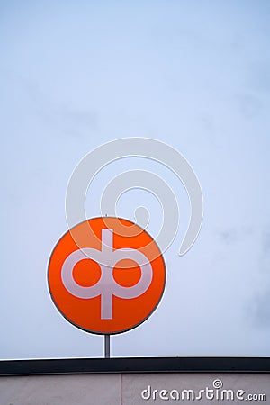 OP Financial Group logo against the overcast sky Editorial Stock Photo