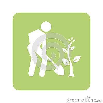 Opaque green background with man with shovel and tree Vector Illustration