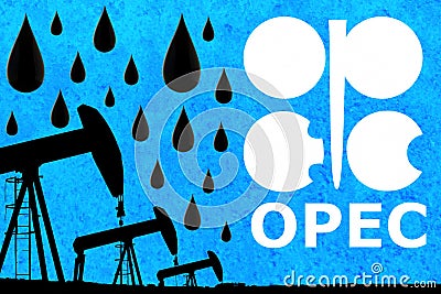 OPEC logo, oil drops and silhouette industrial oil pump jack Stock Photo