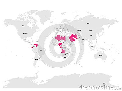 OPEC, Organization of the Petroleum Exporting Countries. World map with pink highlighted member states since 2017 Vector Illustration