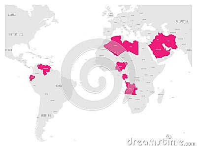 OPEC, Organization of the Petroleum Exporting Countries. World map with pink highlighted member states since 2017 Vector Illustration