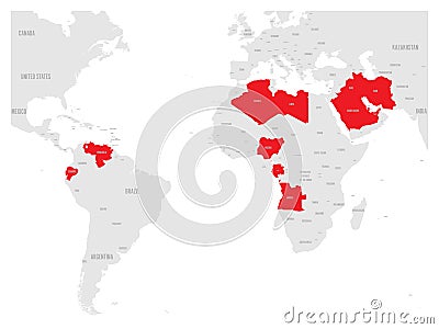 OPEC, Organization of the Petroleum Exporting Countries. World map with red highlighted member states since 2017. Vector Vector Illustration