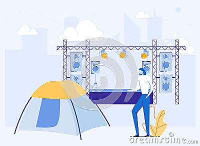 Open Air Camp for Outdoor Music Summer Festival. Vector Illustration