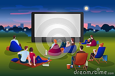 Open-air cinema vector illustration. People watching movie in night city park. Film festival and presentation concept Vector Illustration