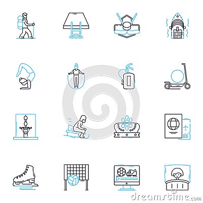 Open-air pastimes linear icons set. Picnicking, Hiking, Cycling, Camping, Fishing, Boating, Swimming line vector and Vector Illustration