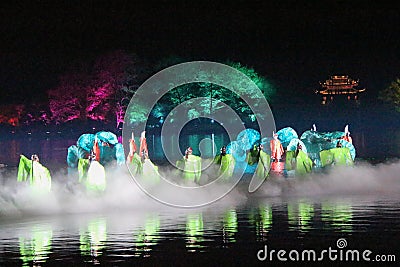 Open air performance and light show in West Lake, China Editorial Stock Photo