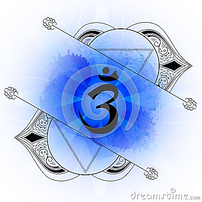 Open ajna chakra line art on blue watercolor background Cartoon Illustration