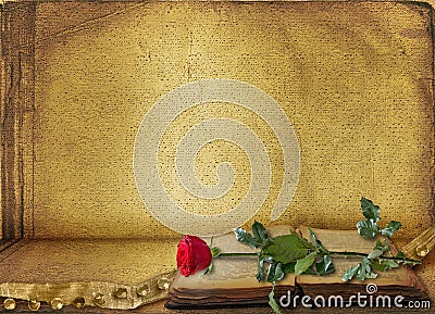 Open ancient book with beautiful rose Stock Photo